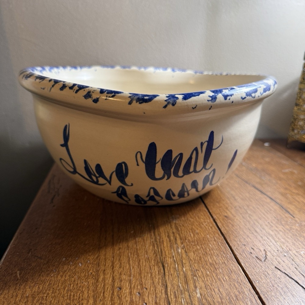 CASEY POTTERY Marshall TX Blue Spongeware XL Bowl "Love That Popcorn"11.25" x 5"